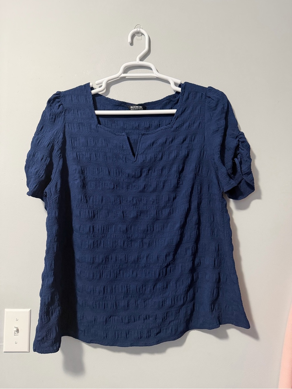 BloomChic Navy Textured Square Notch Short Sleeve Blouse XL
